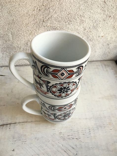 Vintage Southwestern Mug Set Native American Inspired Coffee Cups Brown