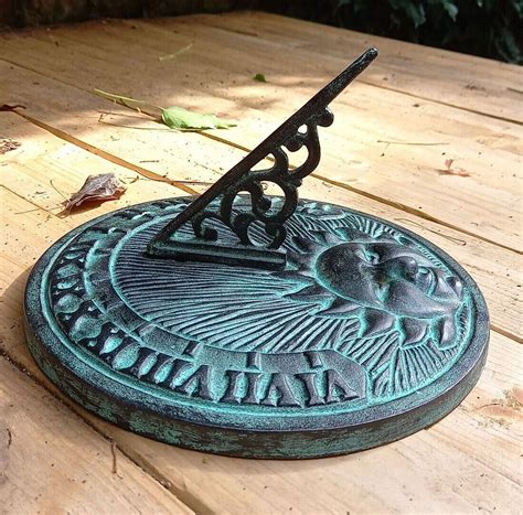 Sundial Garden Ornament In Verdigris Cast Iron Sun Face