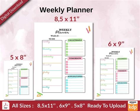 Weekly Planner Kdp Interior Ready To Upload Sizes 8 5x11 6x9 5x8 Inch