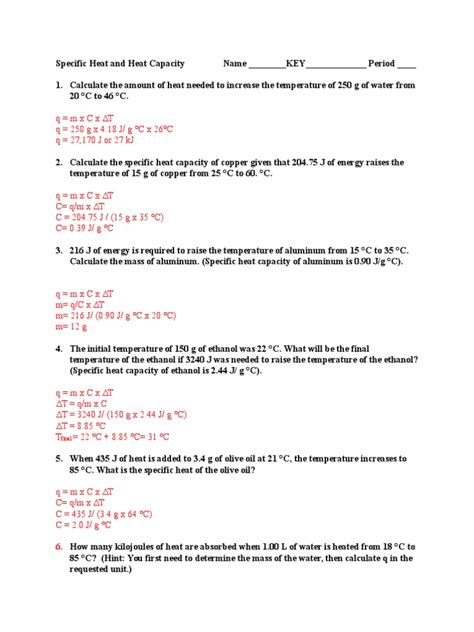 Specific Heat Activity Sheet Key PDF Worksheets Library