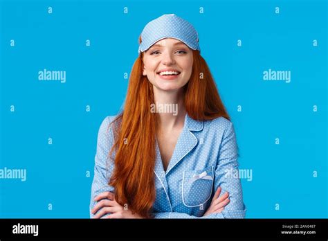 Assertive And Confident Good Looking Optimistic Redhead Girl Ready Go Bed Wearing Sleep Mask