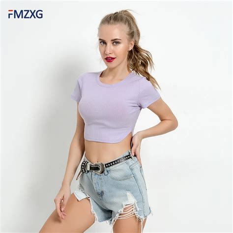 Blue Tee 2018 New T Shirt Summer Women Short Sleeve Exposed Umbilical Short Slim T Shirt Purple