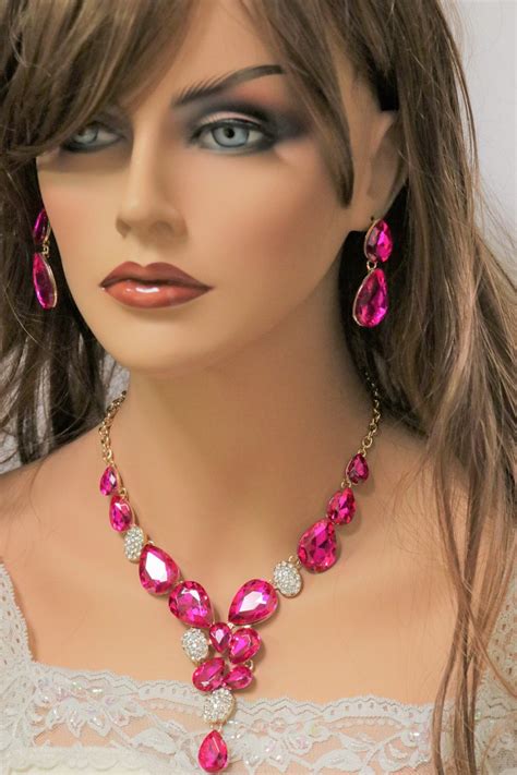 Hot Pink Necklace Earrings Set Fuchsia Rhinestone Crystal Etsy