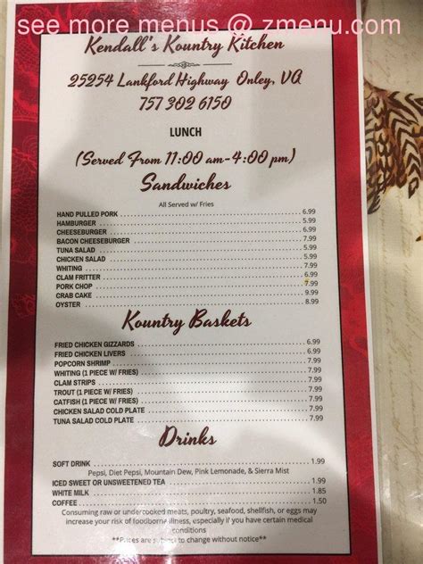 Menu At Kendalls Kountry Kitchen Restaurant Onley Charles M Lankford