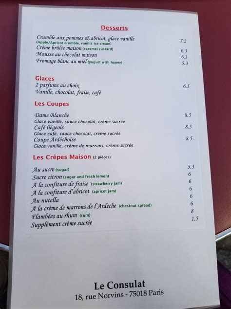 Menu At Le Consulat Restaurant Paris 18 Rue Norvins