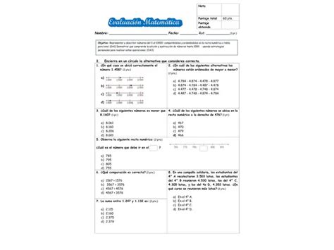 Evaluacion Matem Tica N Meros Hasta El Profe Social