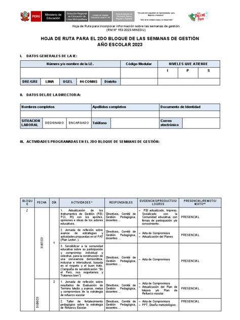 Hoja De Ruta De Ie 2do Bloque De Semanas De Gestión Rm 153 2023 Minedu Pdf