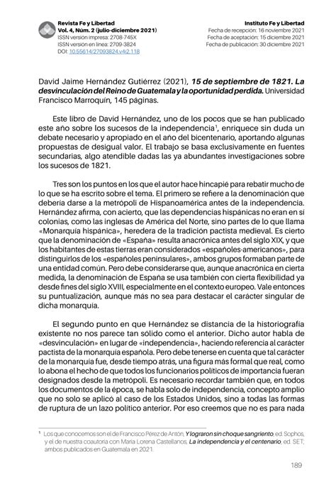 Pdf 15 De Septiembre De 1821 La Desvinculación Del Reino De Guatemala Y La Oportunidad Perdida