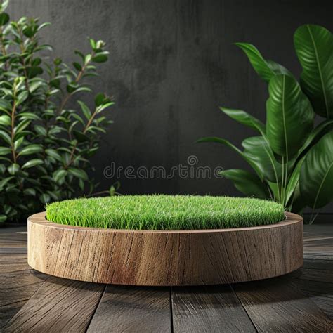 Wooden Platform With Green Grass Top In A Dark Room Stock Illustration Illustration Of Home