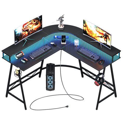 Huuger Gamer L Shaped Desk With Led Strip Lights Power Outlets Cup