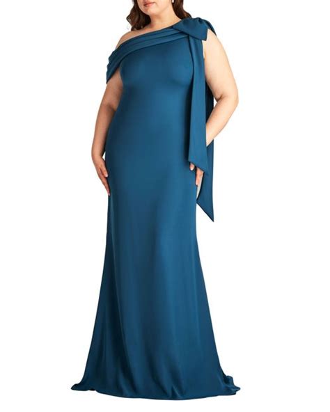 Tadashi Shoji One Shoulder Bow Detail Crepe Gown In Blue Lyst