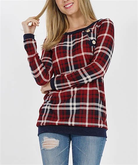 Take A Look At This Navy Plaid Button Detail Zip Top Women Today