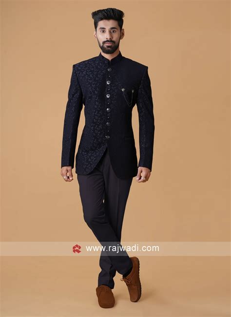 Navy Blue Thread Embroidered Imported Jodhpuri Suit