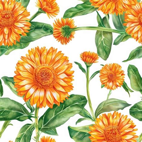 Premium Photo Watercolor Calendula Flower With Leaves Seamless Pattern