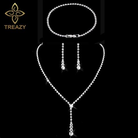 Treazy Silver Color Simple Crystal Bridal Jewelry Sets Long Drop