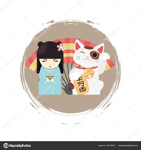 Japon S Kokeshi Mu Eca De Dibujos Animados En Kimono Con Maneki Neko