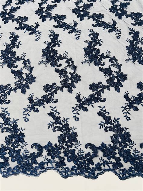 Navy Blue Floral Lace Fabric By The Yard Embroidery With Sequins On A