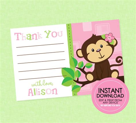 Monkey Birthday Thank You Editable Instant Download Monkey Thank You