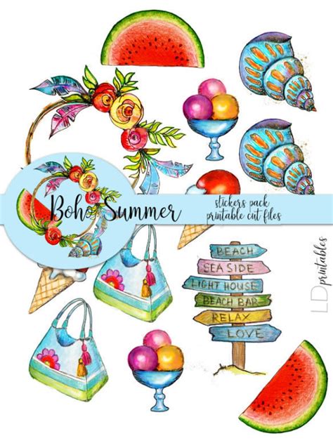 Boho Summer Printable Stickers Summer Planner Stickers Pack Beach