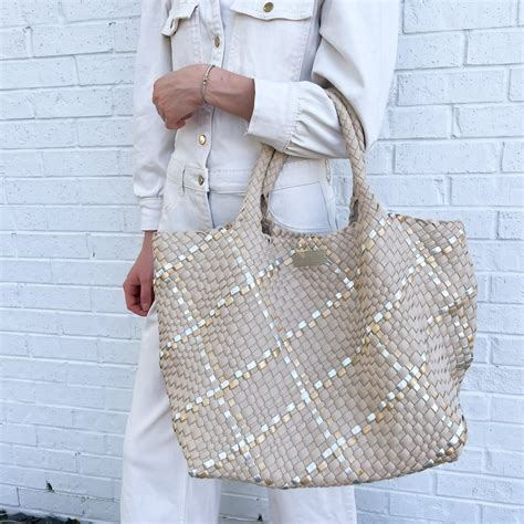 Beige Metallic Oversized Woven Tote — Parker And Hyde