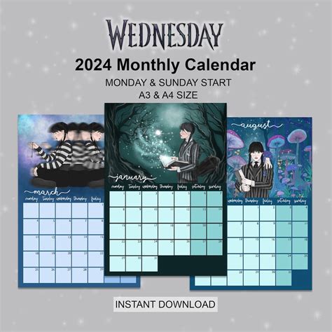 Wednesday Addams 2024 Calendar Printable Monthly Calendar For Etsy Uk