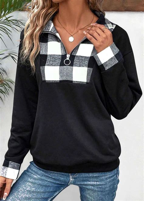 Plaid Patchwork Black Long Sleeve Turn Down Collar Sweatshirt Rosewe