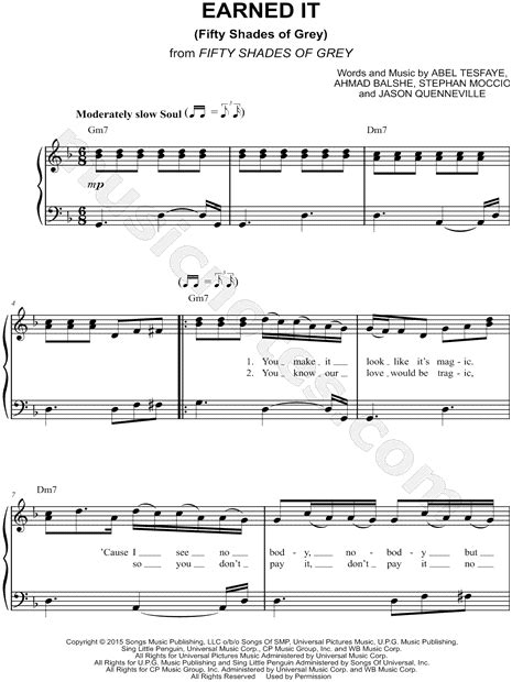 The Weeknd Earned It Fifty Shades Of Grey Sheet Music Easy Piano