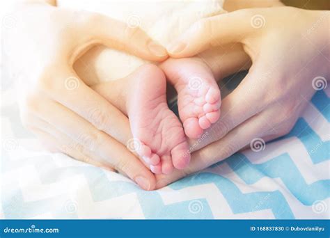 Newborn Baby Legs In Mother S Hands Folded By Heart The Concept Of