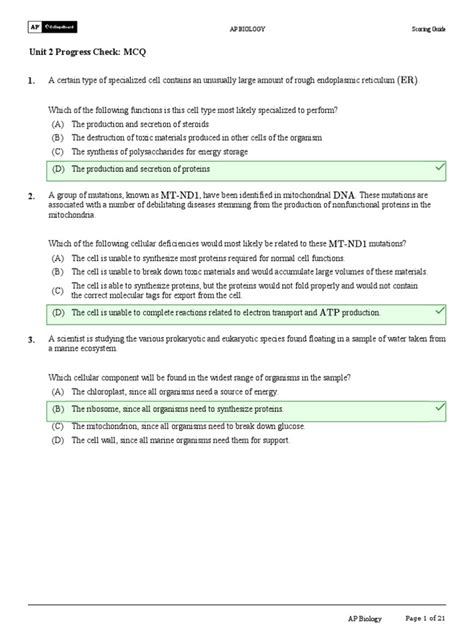 Unit 2 Progress Check Mcq Ap Biology Scoring Guide Pdf Cell