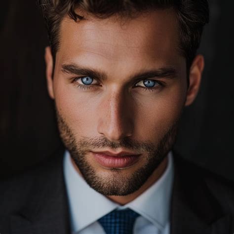 Un hombre guapo con ojos azules y un traje elegante mirando a la cámara