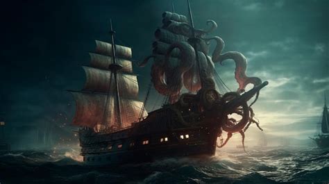 Um Monstro Polvo Kraken Gigante Atacando Um Navio Pirata No Oceano