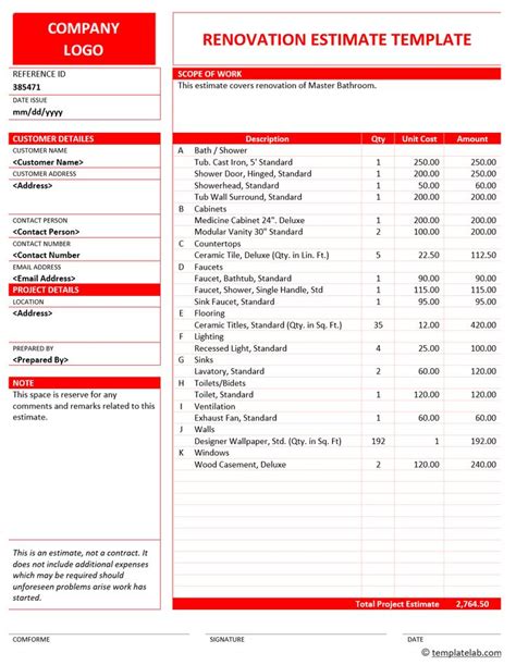 Bathroom Remodel Estimate Template