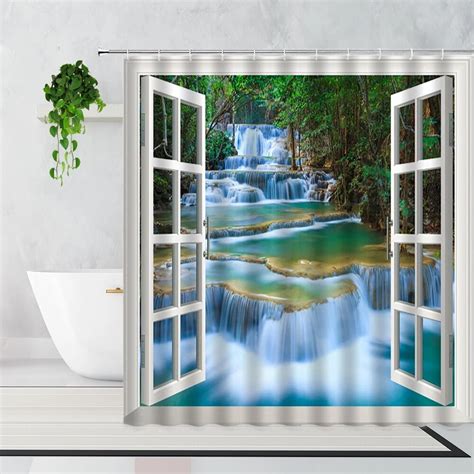 Window Scenery Shower Curtain Waterfall Beach Landscape Bathroom