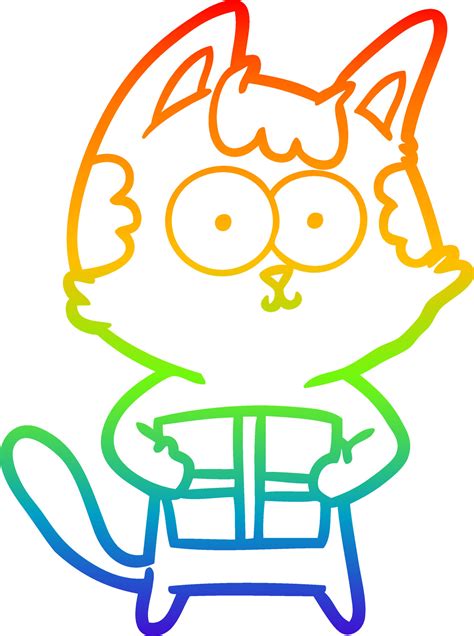 Regenbooggradi Nt Lijntekening Happy Cartoon Kat Met Cadeau