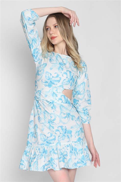 Blue White Floral Short Dress Kimaya