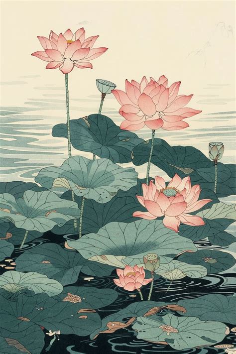 Japanese Woodcut Ukiyo E Painting Lotus Water Garden In Japanese