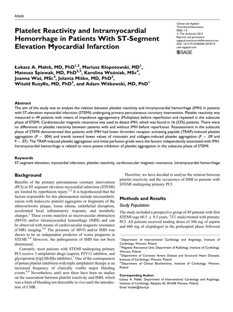 Pdf Platelet Reactivity And Intramyocardial Hemorrhage In Patients With St Segment Elevation