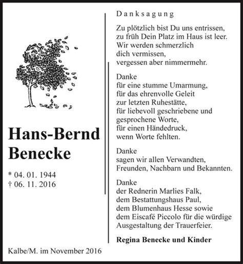 Traueranzeigen Von Hans Bernd Benecke Abschied Nehmen De