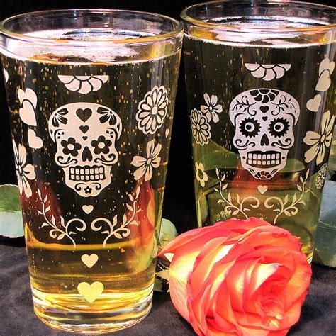 2 Sugar Skull Pint Glasses, Dia De Muertos Beer Glasses, Etched Glass ...