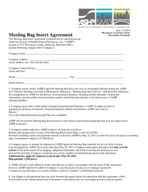 Fillable Online Ashp This Meeting Bag Insert Agreement Is Entered Into