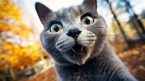 Close-up Photo of a funny shocked Russian Blue sticking out his tongue. Generative AI 29894651 ...