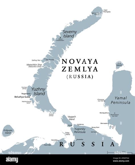 Novaya Zemlya, archipelago in northern Russia, gray political map Stock ...