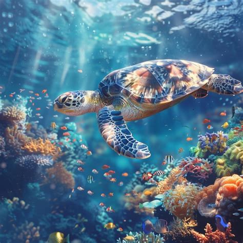 A Green Sea Turtle Swimming Under A Coral Reef With Corals And Corals