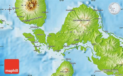 Physical Map of the Area around 8° 12' 42" S, 157° 19' 29" E