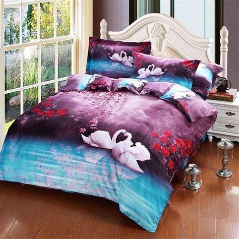 3d White Swans And Flower Printed Cotton Luxury 4 Piece Bedding Sets Duvet Covers Bed Linens