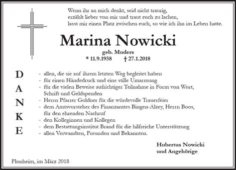 Traueranzeigen Von Marina Nowicki Vrm Trauer De