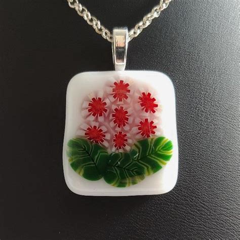 Fused Glass Pendant Red And White Flowers And Leaves On A White