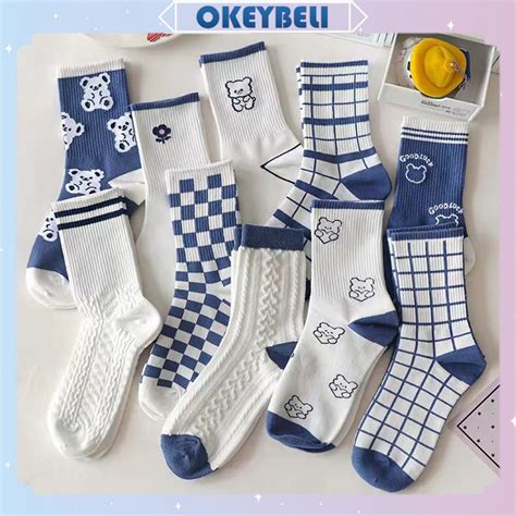 Jual Okey Belikk Kaos Kaki Panjang Motif Garis Putih Biru Kaus