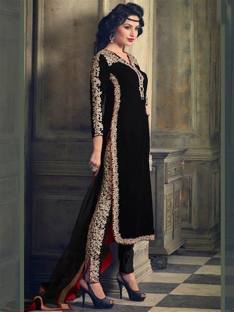 Black Color Velvet Embroidered Straight Salwar Kameez Anarkali Salwar Kameez Pinterest