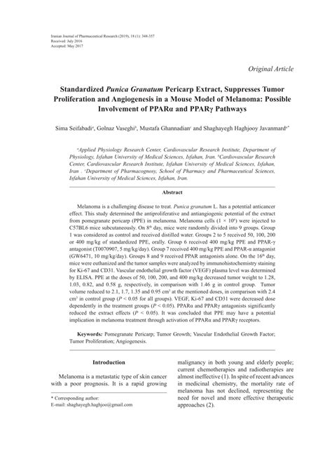 PDF Standardized Punica Granatum Pericarp Extract Suppresses Tumor